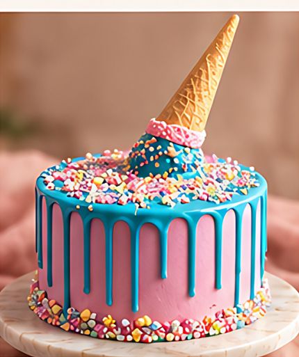 Pastís amb degoteig blau i un cucurutxo de gelat a sobre