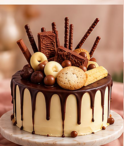 Pastís amb degoteig de xocolata, galetes i bombons