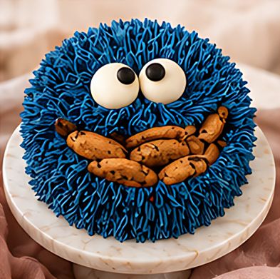 Pastís blau peludet amb ulls i galetes