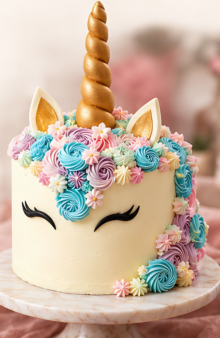 Pastís d’unicorn amb banya daurada i flors de crema de colors