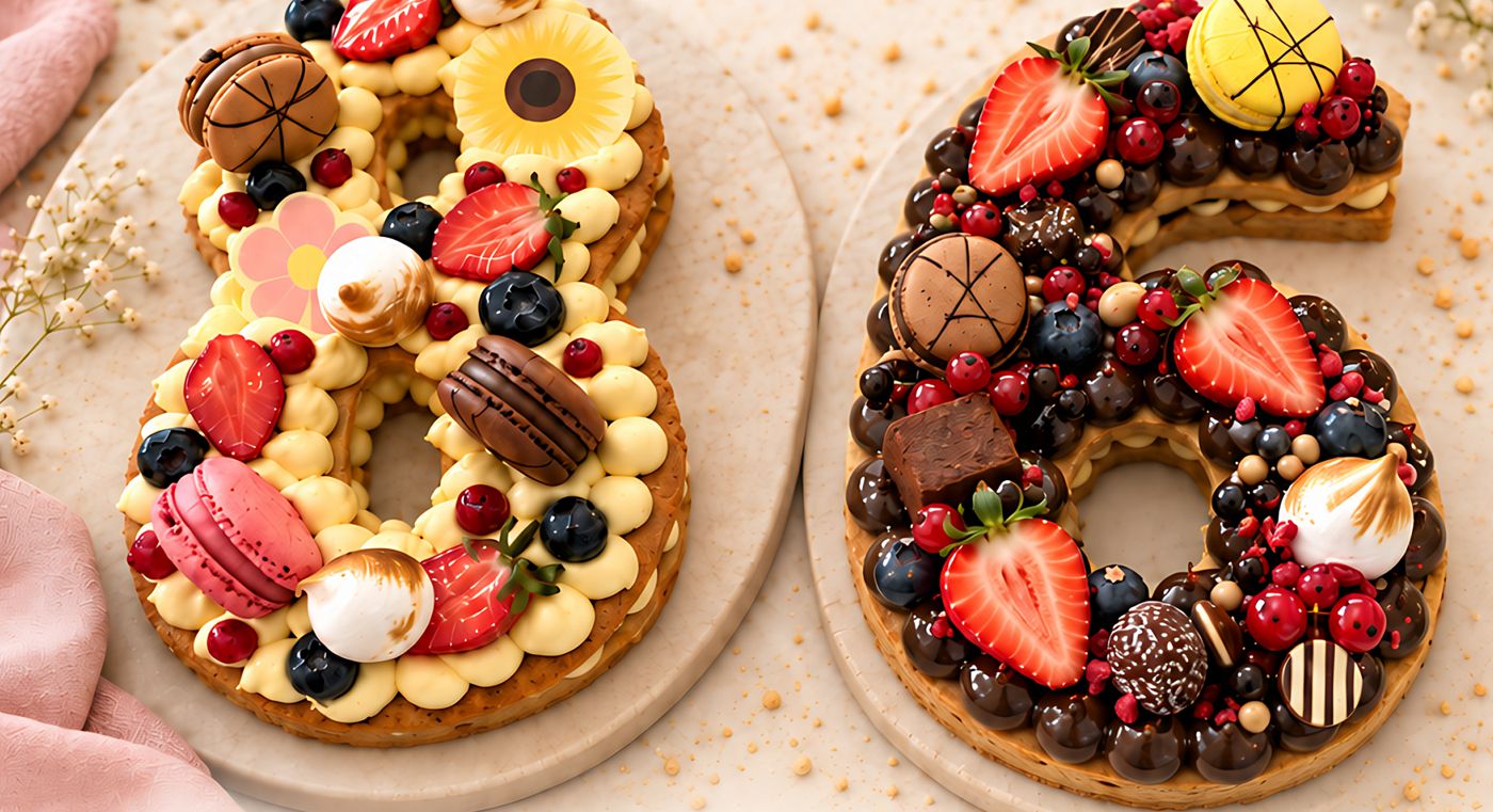 Dos pastissos de números, un 8 i un 6, decorats amb fruita, macarons i xocolata